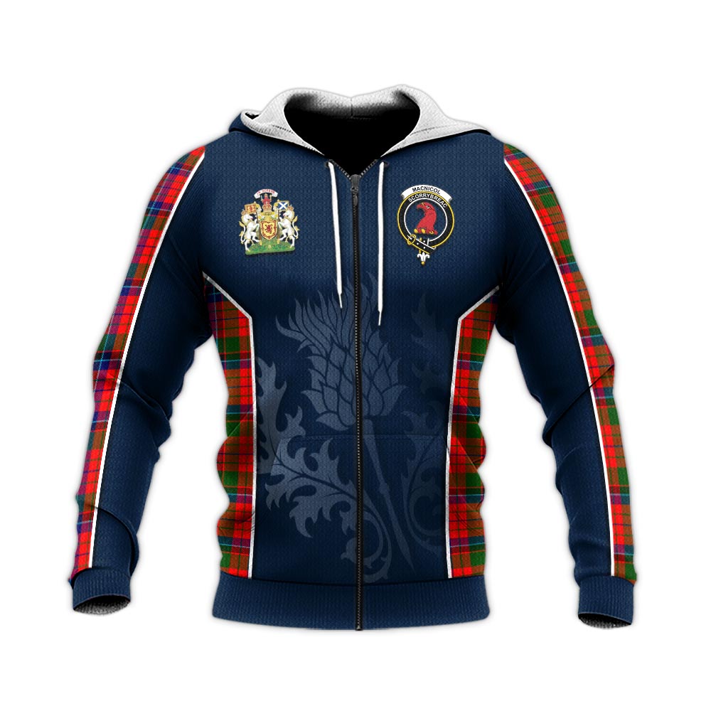 Tartan Vibes Clothing MacNicol of Scorrybreac Tartan Knitted Hoodie with Family Crest and Scottish Thistle Vibes Sport Style