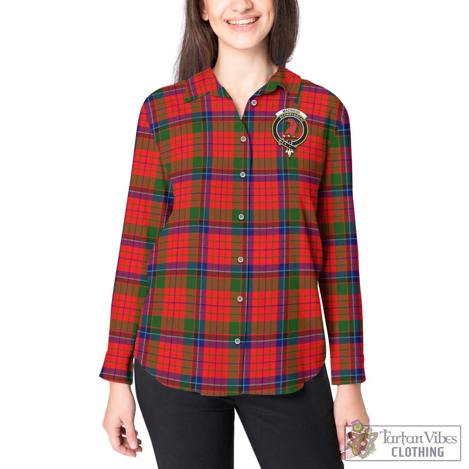 Tartan Vibes Clothing MacNicol of Scorrybreac Tartan Womens Casual Shirt with Family Crest