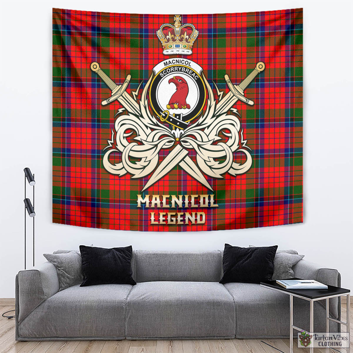 Tartan Vibes Clothing MacNicol of Scorrybreac Tartan Tapestry with Clan Crest and the Golden Sword of Courageous Legacy