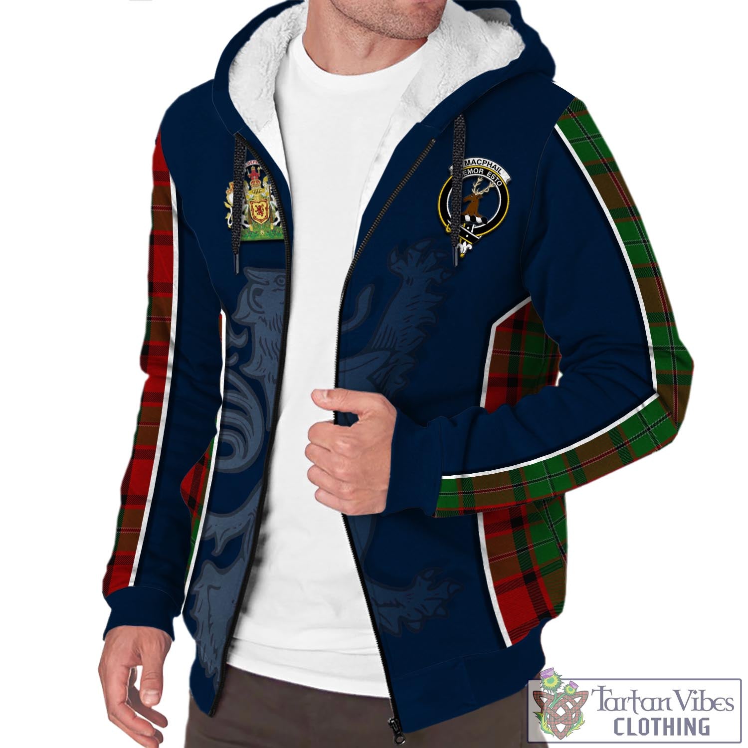 Tartan Vibes Clothing MacPhail Tartan Sherpa Hoodie with Family Crest and Lion Rampant Vibes Sport Style