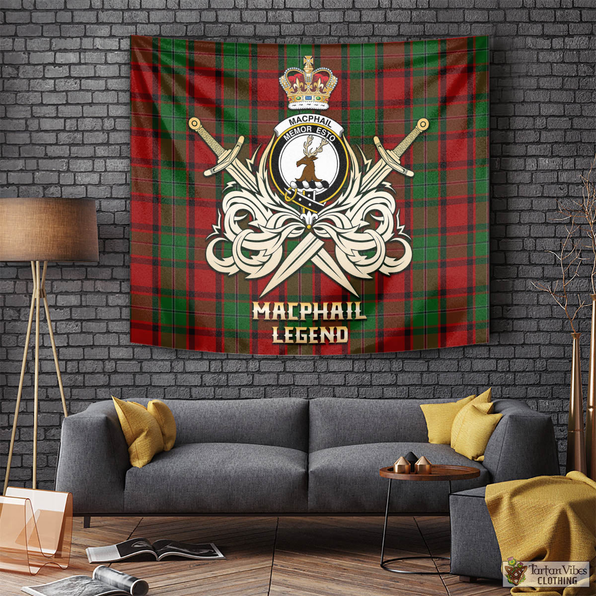 Tartan Vibes Clothing MacPhail Tartan Tapestry with Clan Crest and the Golden Sword of Courageous Legacy