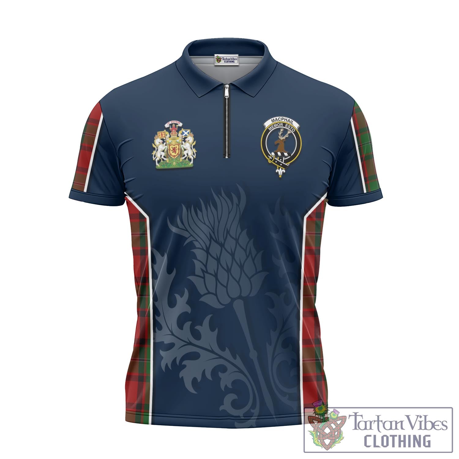 Tartan Vibes Clothing MacPhail Tartan Zipper Polo Shirt with Family Crest and Scottish Thistle Vibes Sport Style