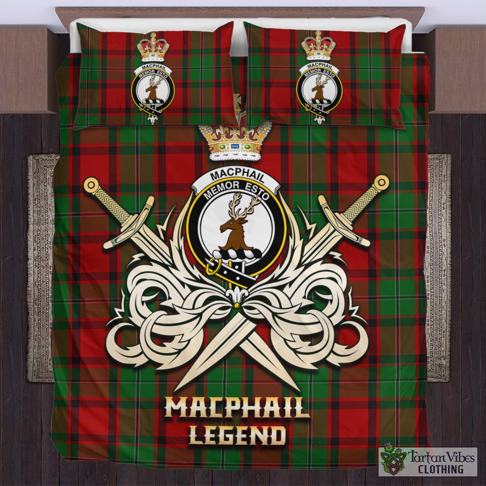 Tartan Vibes Clothing MacPhail Tartan Bedding Set with Clan Crest and the Golden Sword of Courageous Legacy