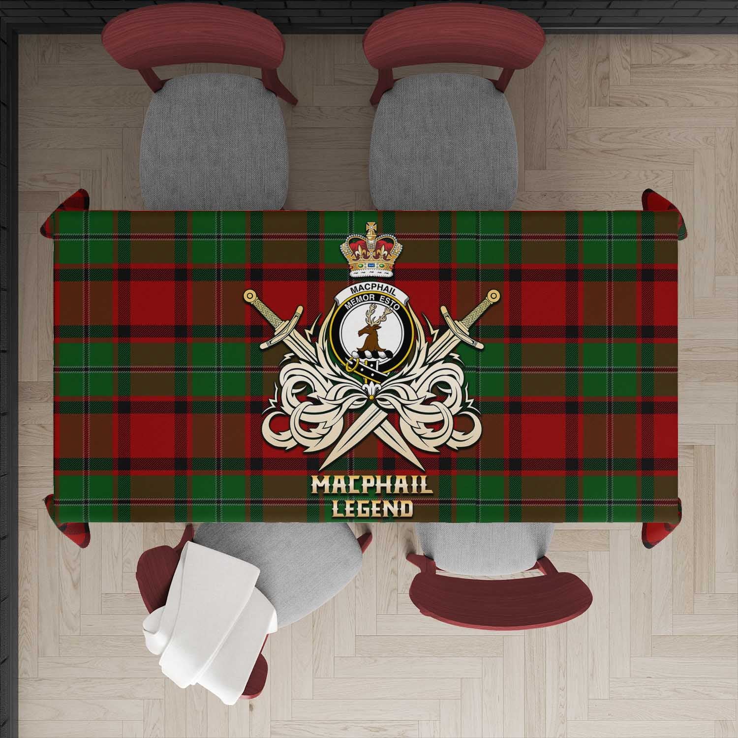 Tartan Vibes Clothing MacPhail Tartan Tablecloth with Clan Crest and the Golden Sword of Courageous Legacy