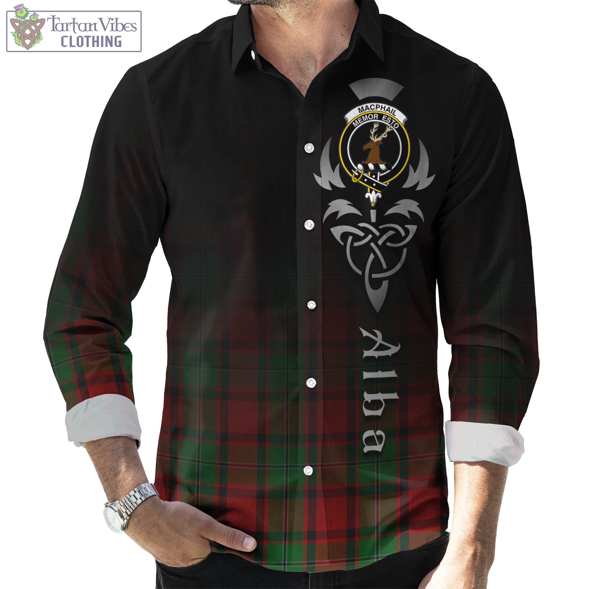 Tartan Vibes Clothing MacPhail Tartan Long Sleeve Button Up Featuring Alba Gu Brath Family Crest Celtic Inspired