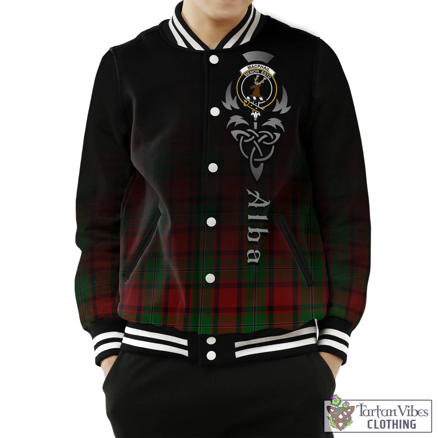 Tartan Vibes Clothing MacPhail Tartan Baseball Jacket Featuring Alba Gu Brath Family Crest Celtic Inspired