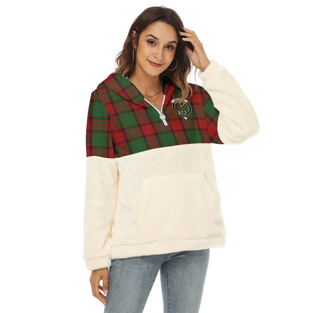 MacPhail (McPhail) Tartan Women's Borg Fleece Hoodie With Half Zip with Family Crest Female - Tartan Vibes Clothing