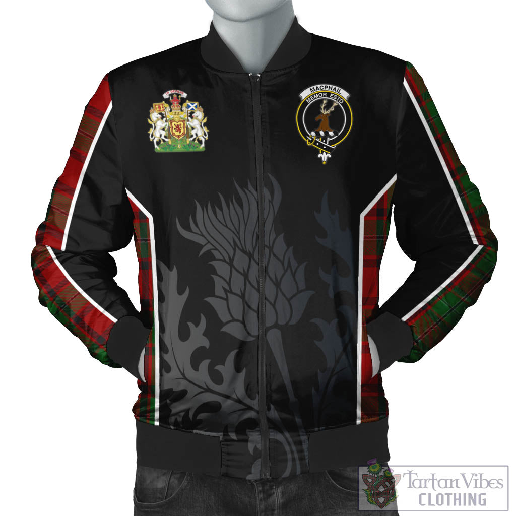 Tartan Vibes Clothing MacPhail Tartan Bomber Jacket with Family Crest and Scottish Thistle Vibes Sport Style