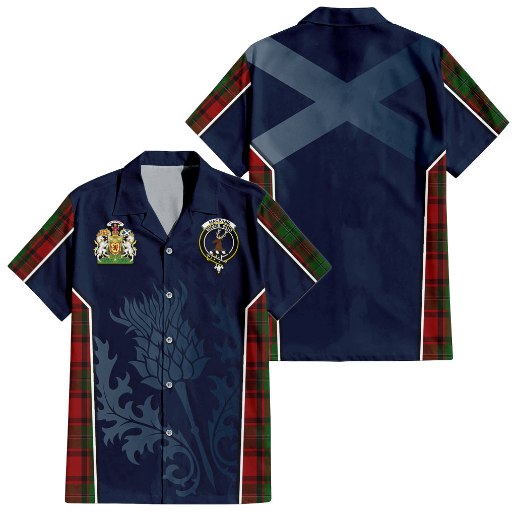 Tartan Vibes Clothing MacPhail Tartan Short Sleeve Button Up Shirt with Family Crest and Scottish Thistle Vibes Sport Style