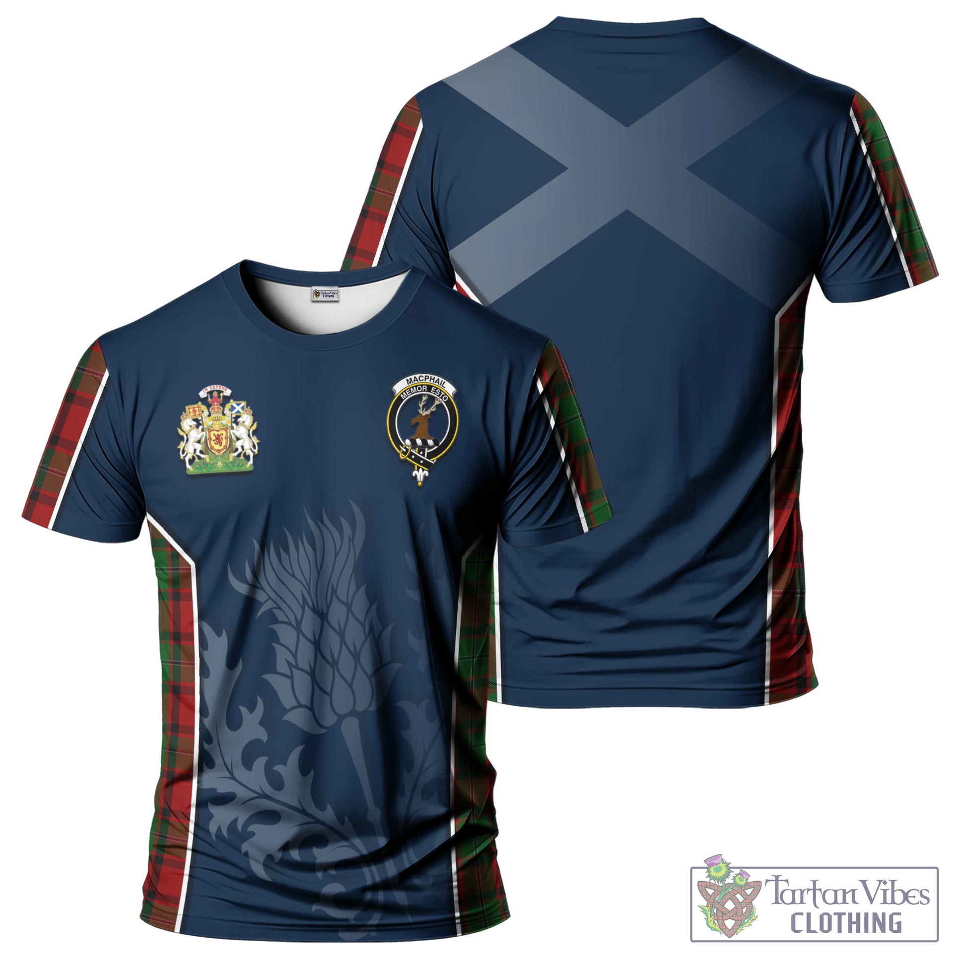 Tartan Vibes Clothing MacPhail Tartan T-Shirt with Family Crest and Scottish Thistle Vibes Sport Style