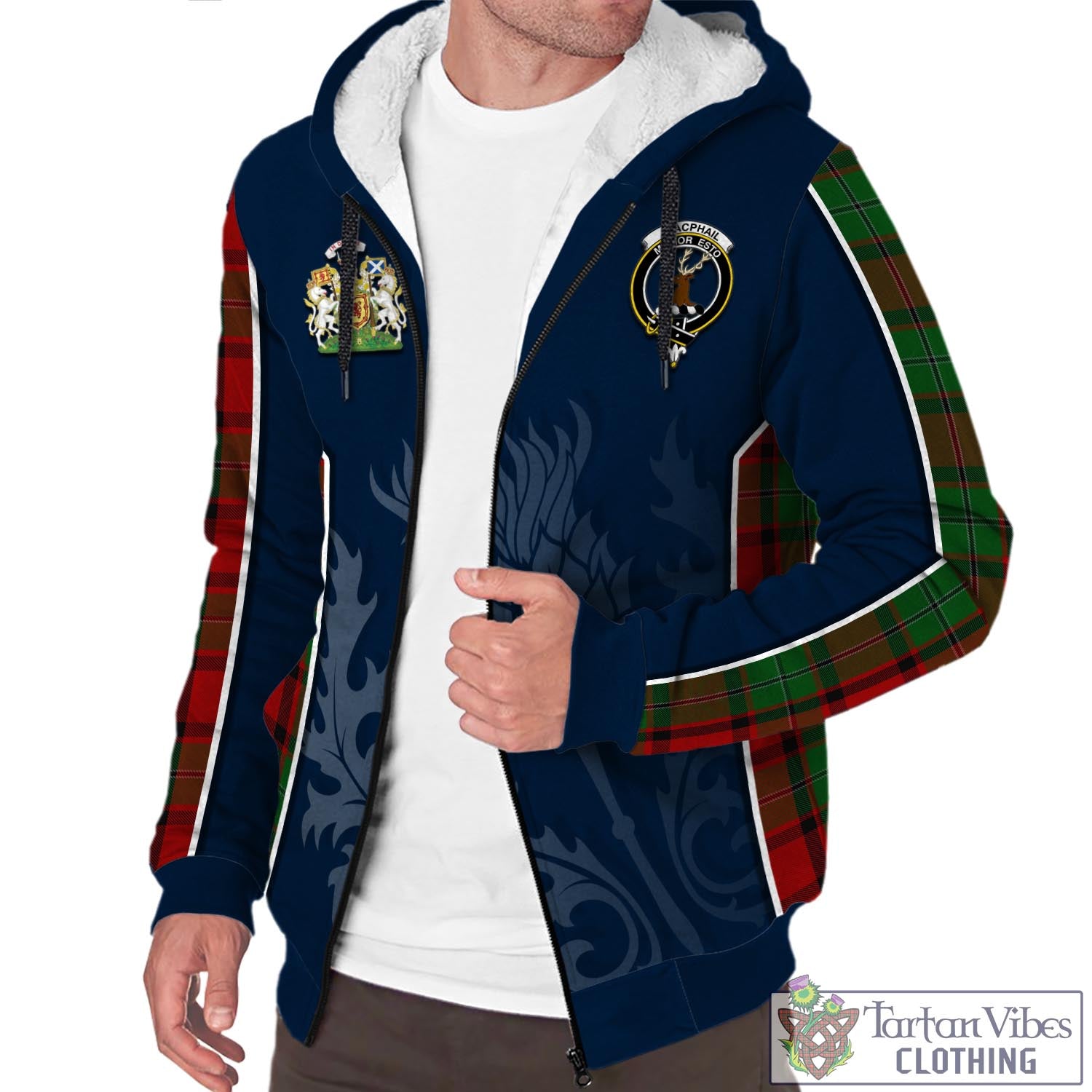 Tartan Vibes Clothing MacPhail Tartan Sherpa Hoodie with Family Crest and Scottish Thistle Vibes Sport Style