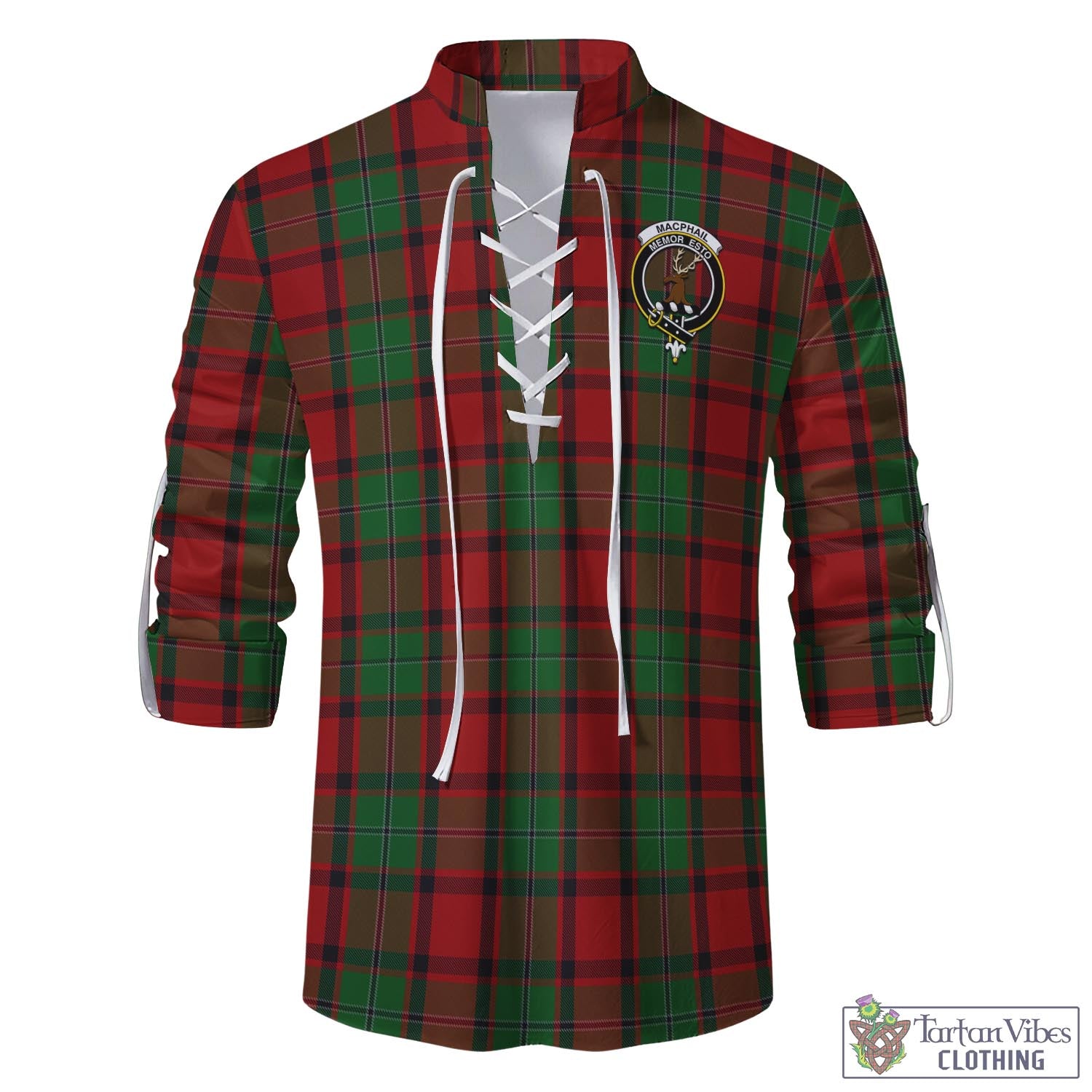 Tartan Vibes Clothing MacPhail Tartan Men's Scottish Traditional Jacobite Ghillie Kilt Shirt with Family Crest