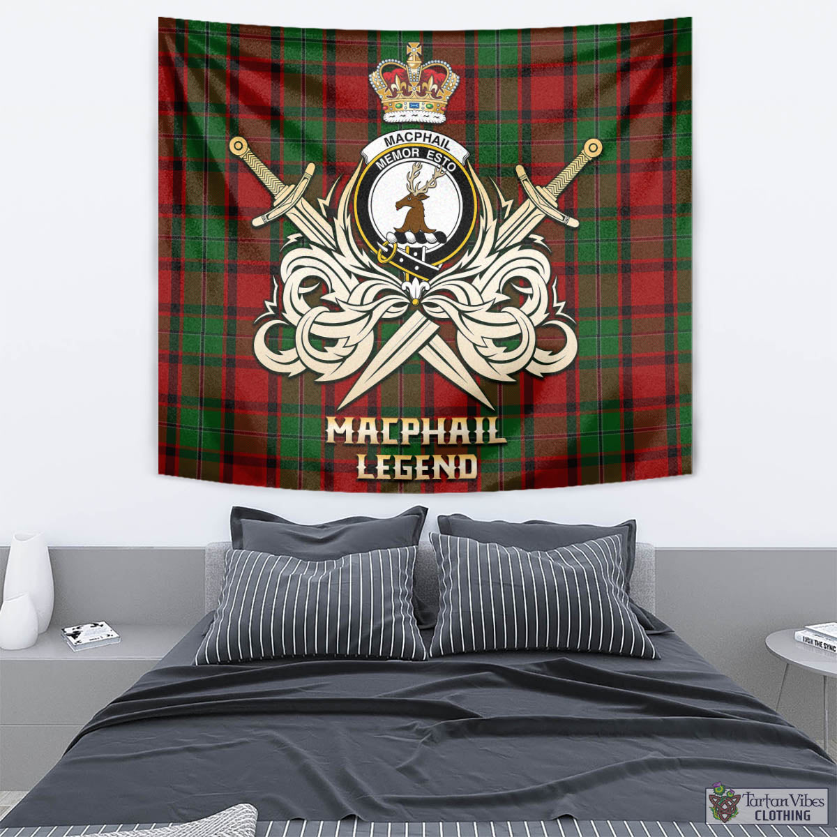 Tartan Vibes Clothing MacPhail Tartan Tapestry with Clan Crest and the Golden Sword of Courageous Legacy