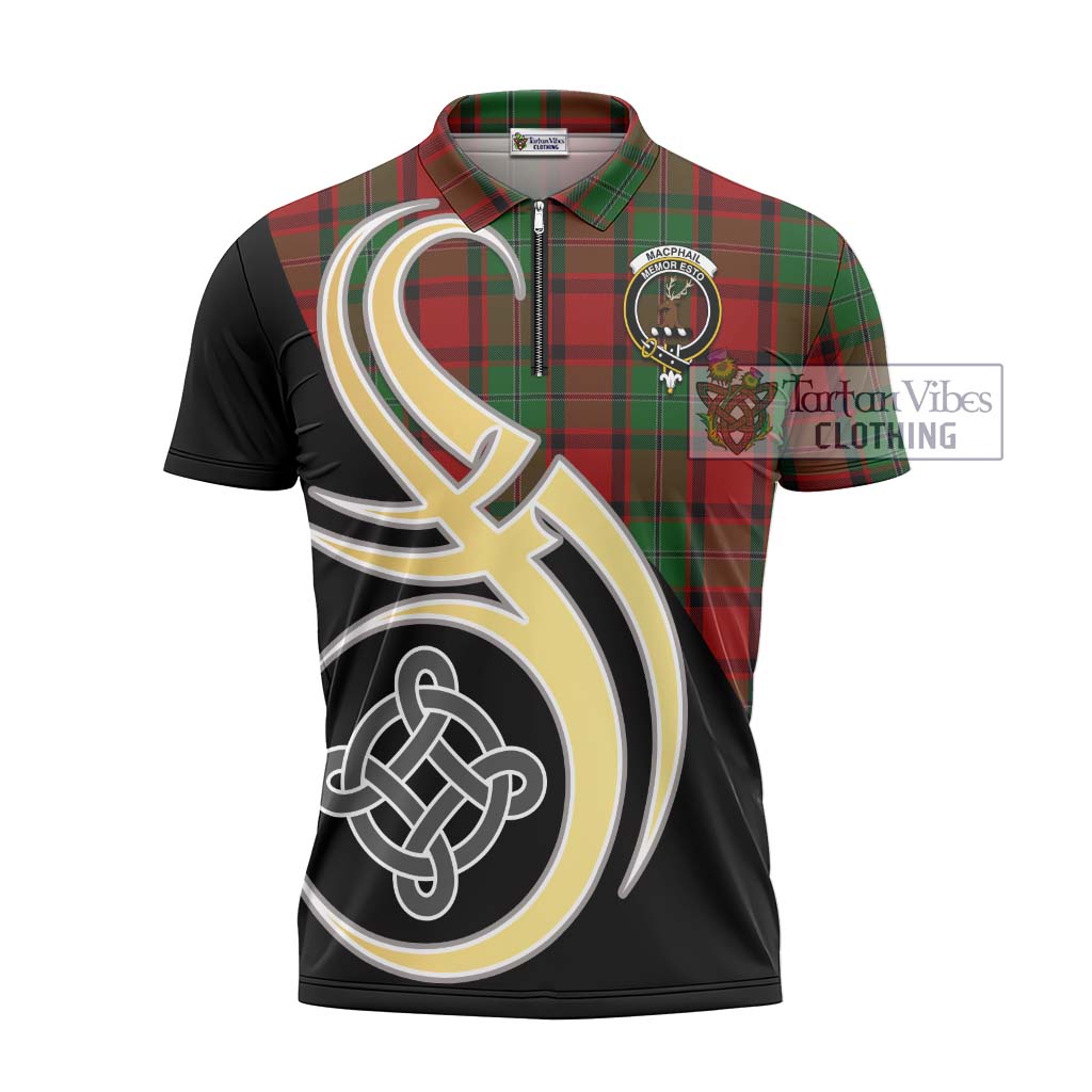 Tartan Vibes Clothing MacPhail Tartan Zipper Polo Shirt with Family Crest and Celtic Symbol Style