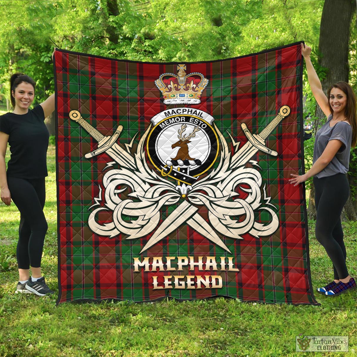 Tartan Vibes Clothing MacPhail Tartan Quilt with Clan Crest and the Golden Sword of Courageous Legacy