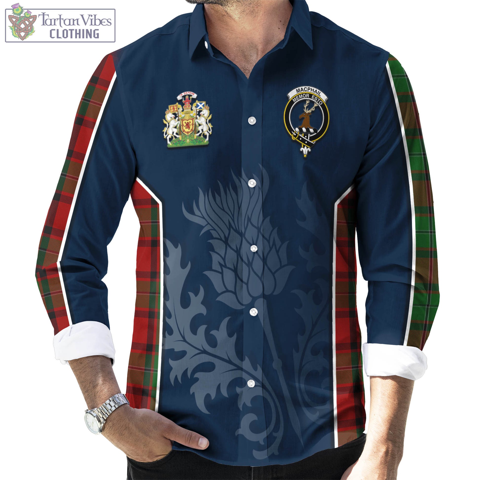 Tartan Vibes Clothing MacPhail Tartan Long Sleeve Button Up Shirt with Family Crest and Scottish Thistle Vibes Sport Style