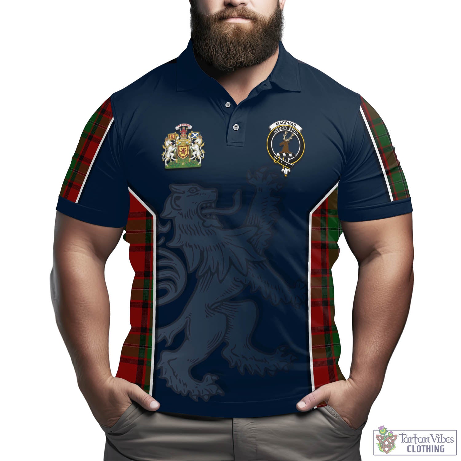 Tartan Vibes Clothing MacPhail Tartan Men's Polo Shirt with Family Crest and Lion Rampant Vibes Sport Style