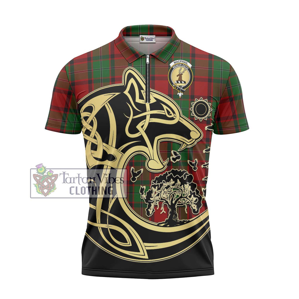 MacPhail (McPhail) Tartan Zipper Polo Shirt with Family Crest Celtic Wolf Style - Tartanvibesclothing Shop