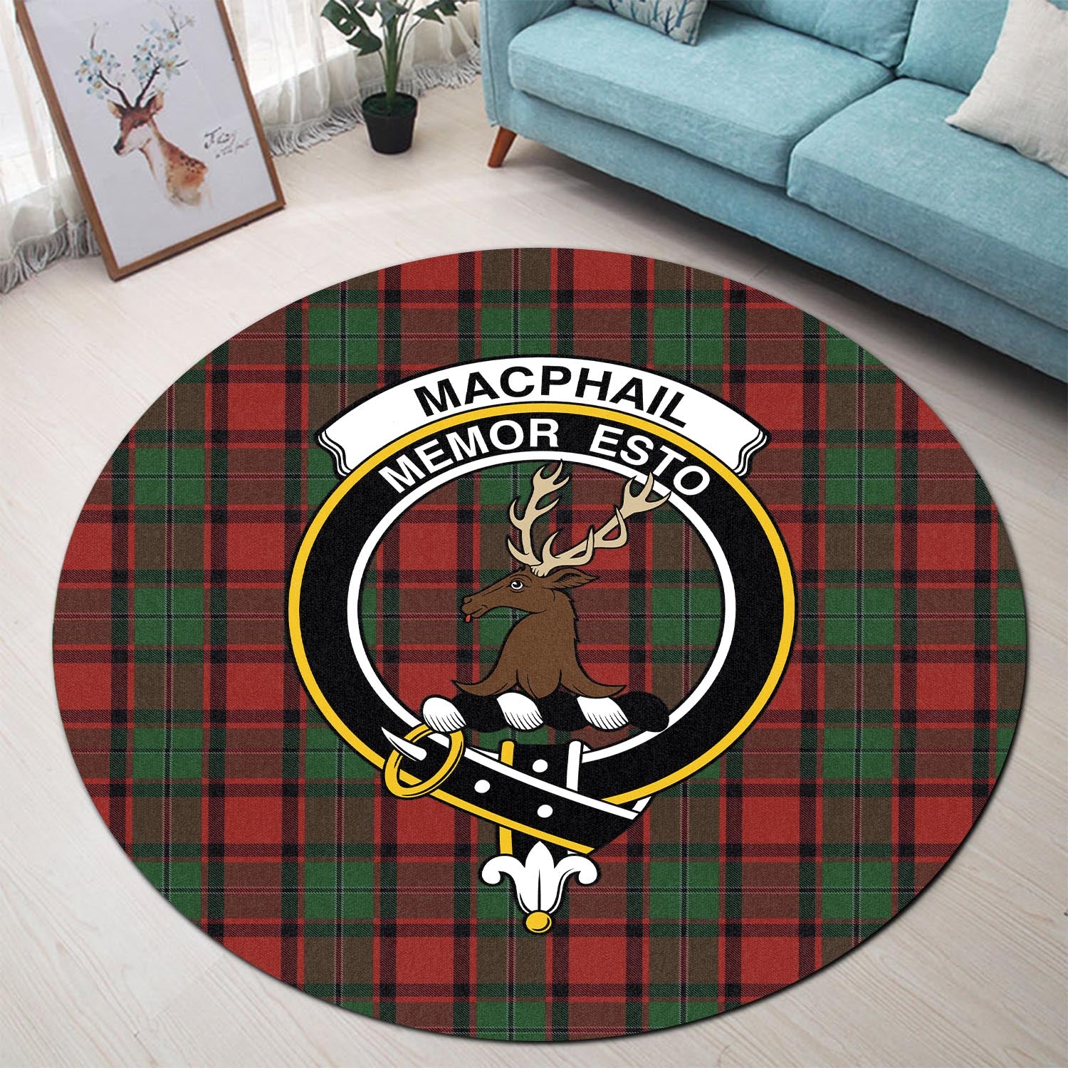 macphail-tartan-round-rug-with-family-crest