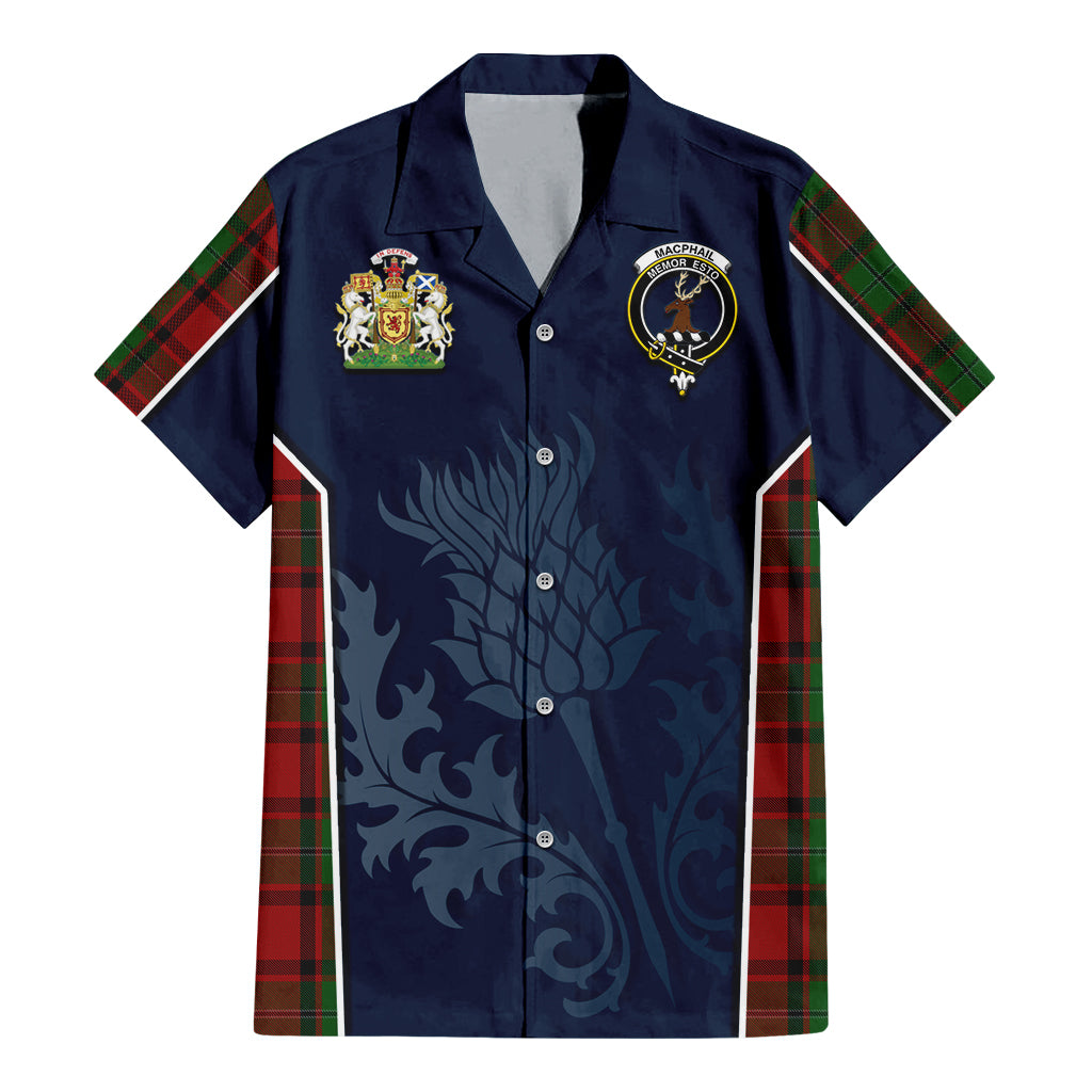 Tartan Vibes Clothing MacPhail Tartan Short Sleeve Button Up Shirt with Family Crest and Scottish Thistle Vibes Sport Style