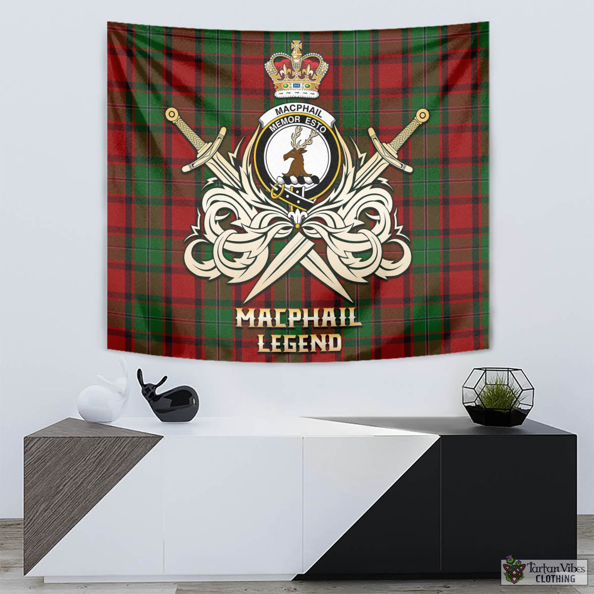 Tartan Vibes Clothing MacPhail Tartan Tapestry with Clan Crest and the Golden Sword of Courageous Legacy