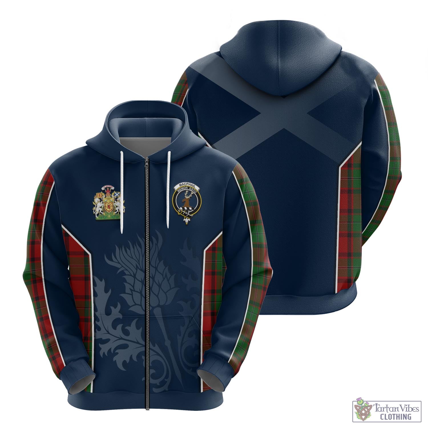 Tartan Vibes Clothing MacPhail Tartan Hoodie with Family Crest and Scottish Thistle Vibes Sport Style