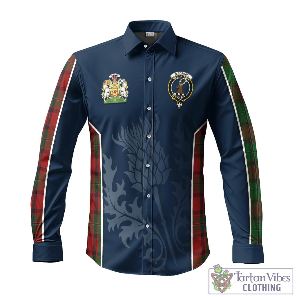 Tartan Vibes Clothing MacPhail Tartan Long Sleeve Button Up Shirt with Family Crest and Scottish Thistle Vibes Sport Style