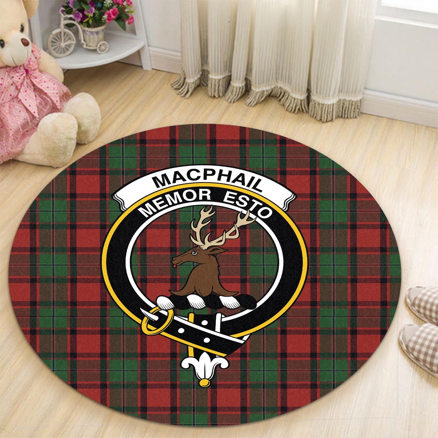 macphail-tartan-round-rug-with-family-crest