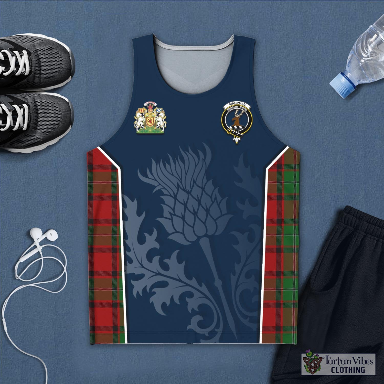 Tartan Vibes Clothing MacPhail Tartan Men's Tanks Top with Family Crest and Scottish Thistle Vibes Sport Style