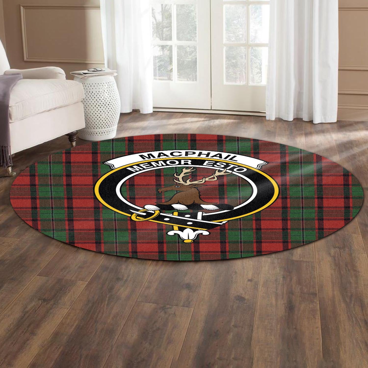 macphail-tartan-round-rug-with-family-crest