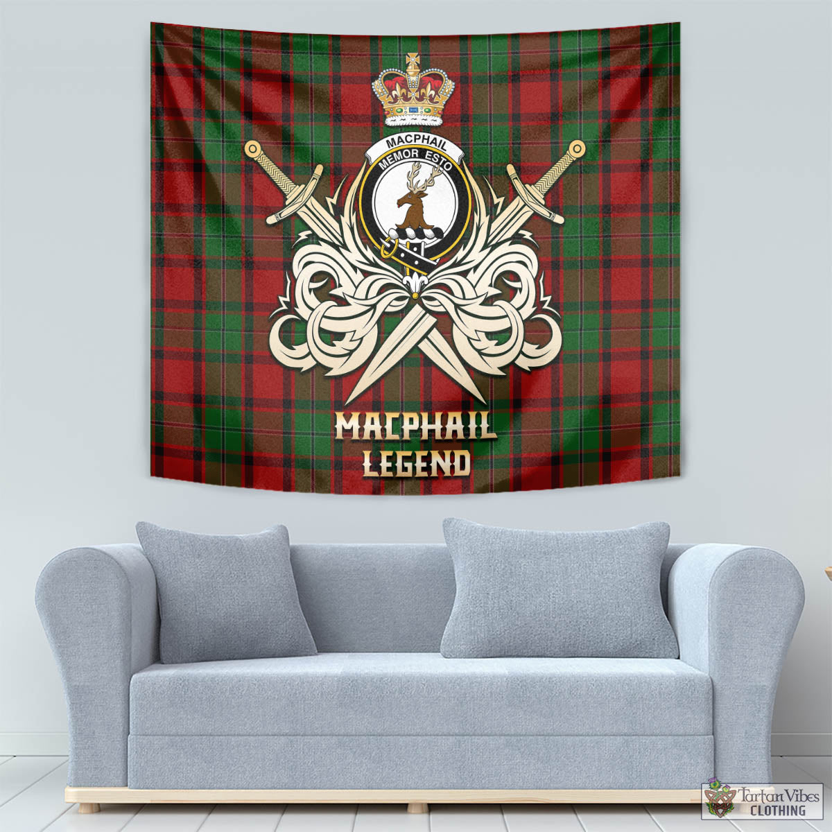 Tartan Vibes Clothing MacPhail Tartan Tapestry with Clan Crest and the Golden Sword of Courageous Legacy