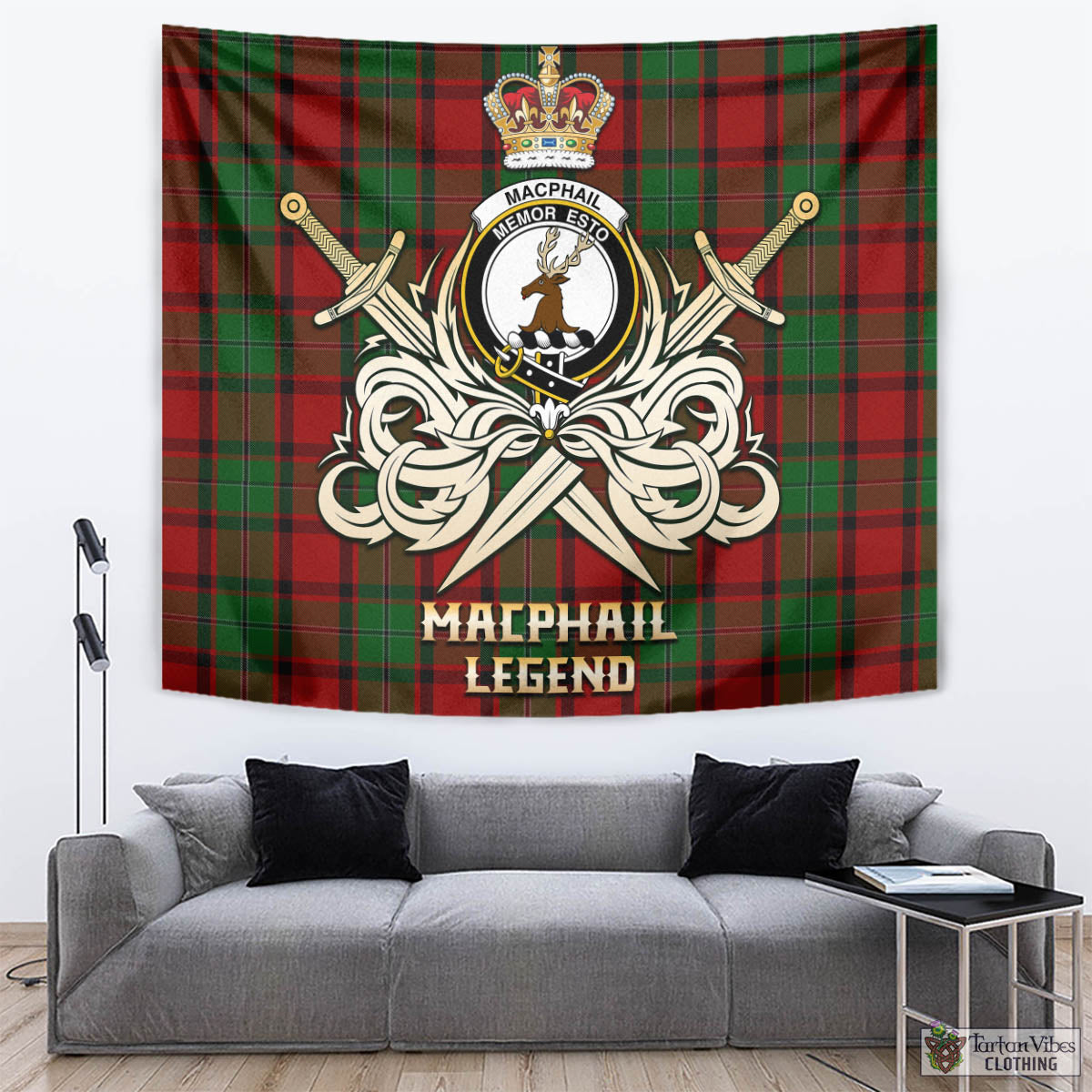 Tartan Vibes Clothing MacPhail Tartan Tapestry with Clan Crest and the Golden Sword of Courageous Legacy