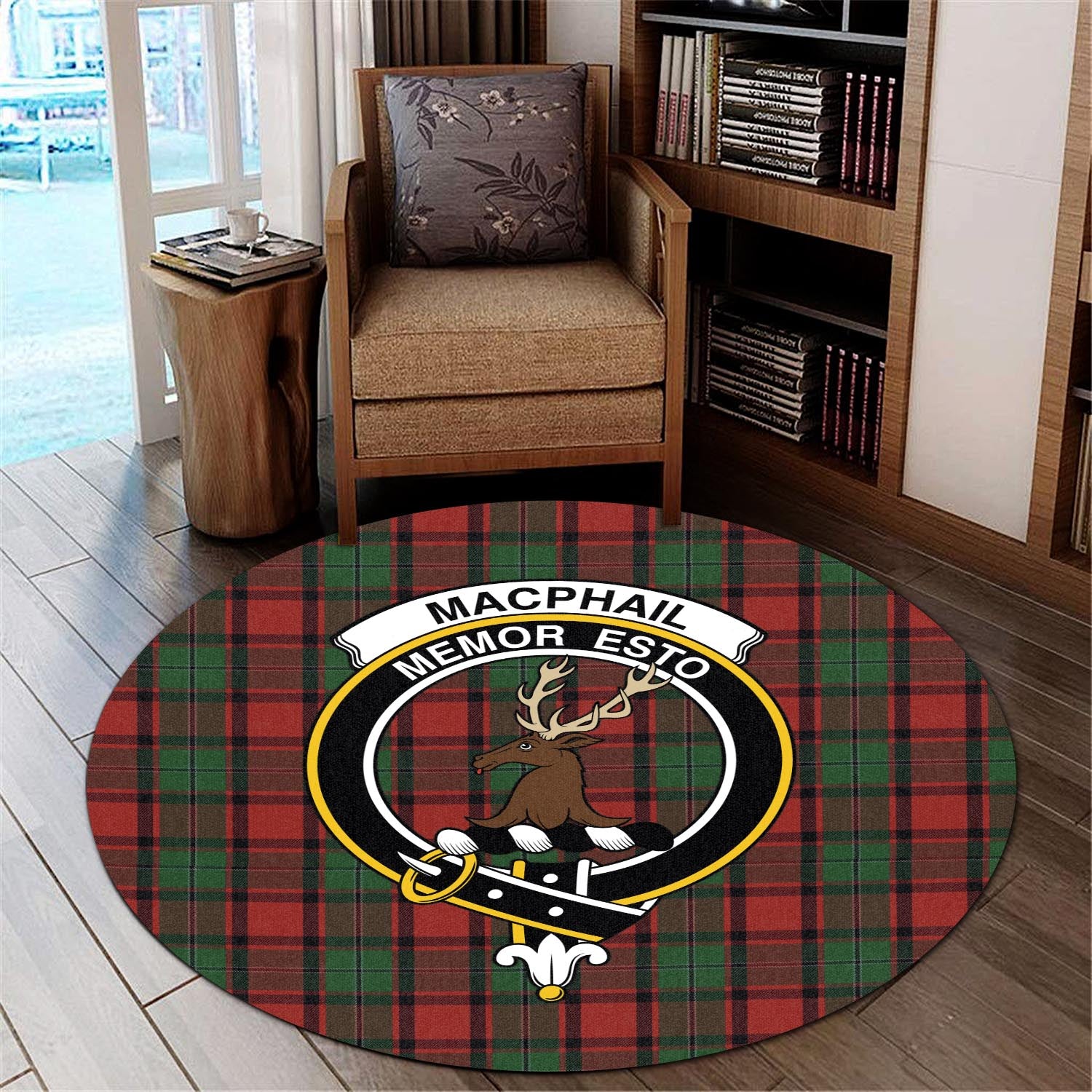 macphail-tartan-round-rug-with-family-crest