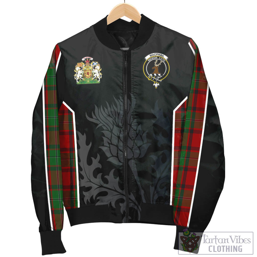 Tartan Vibes Clothing MacPhail Tartan Bomber Jacket with Family Crest and Scottish Thistle Vibes Sport Style