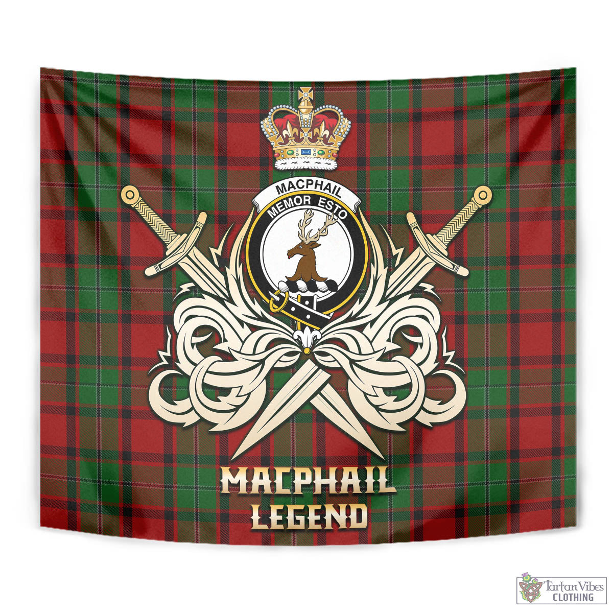 Tartan Vibes Clothing MacPhail Tartan Tapestry with Clan Crest and the Golden Sword of Courageous Legacy