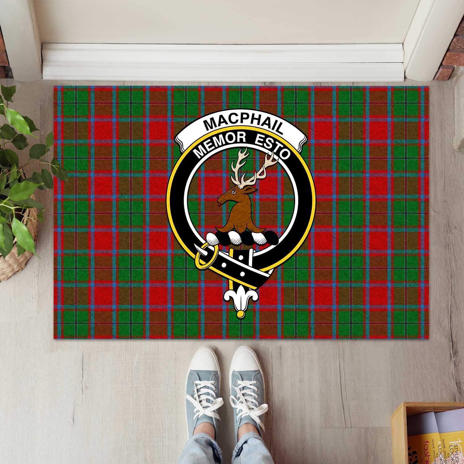 MacPhail Blue Bands Tartan Door Mat with Family Crest - Tartanvibesclothing