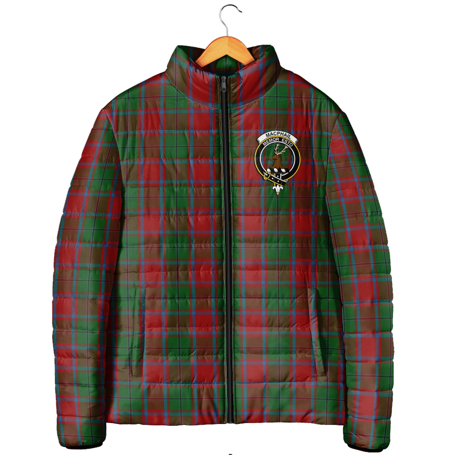 MacPhail Blue Bands Tartan Padded Jacket with Family Crest Men's Padded Jacket - Tartan Vibes Clothing