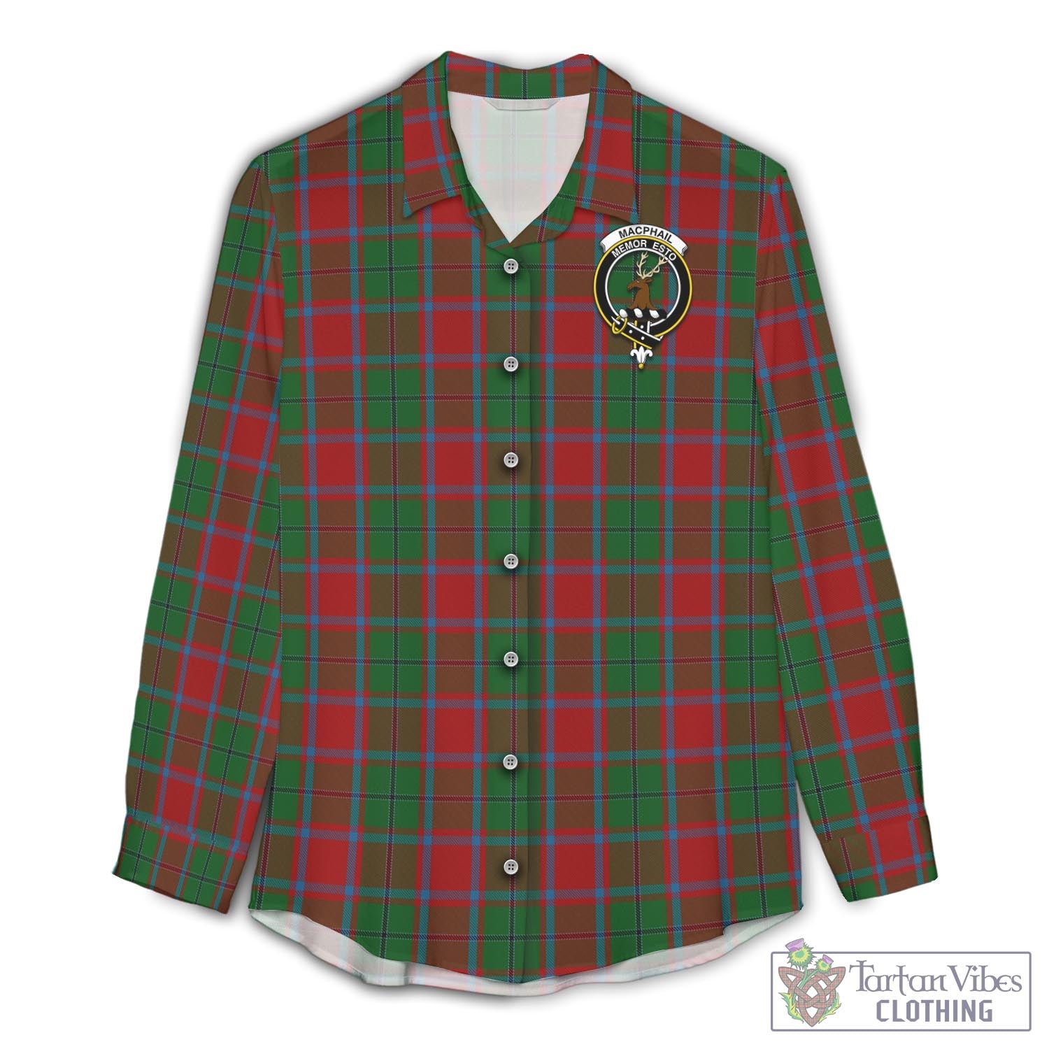 Tartan Vibes Clothing MacPhail Blue Bands Tartan Womens Casual Shirt with Family Crest