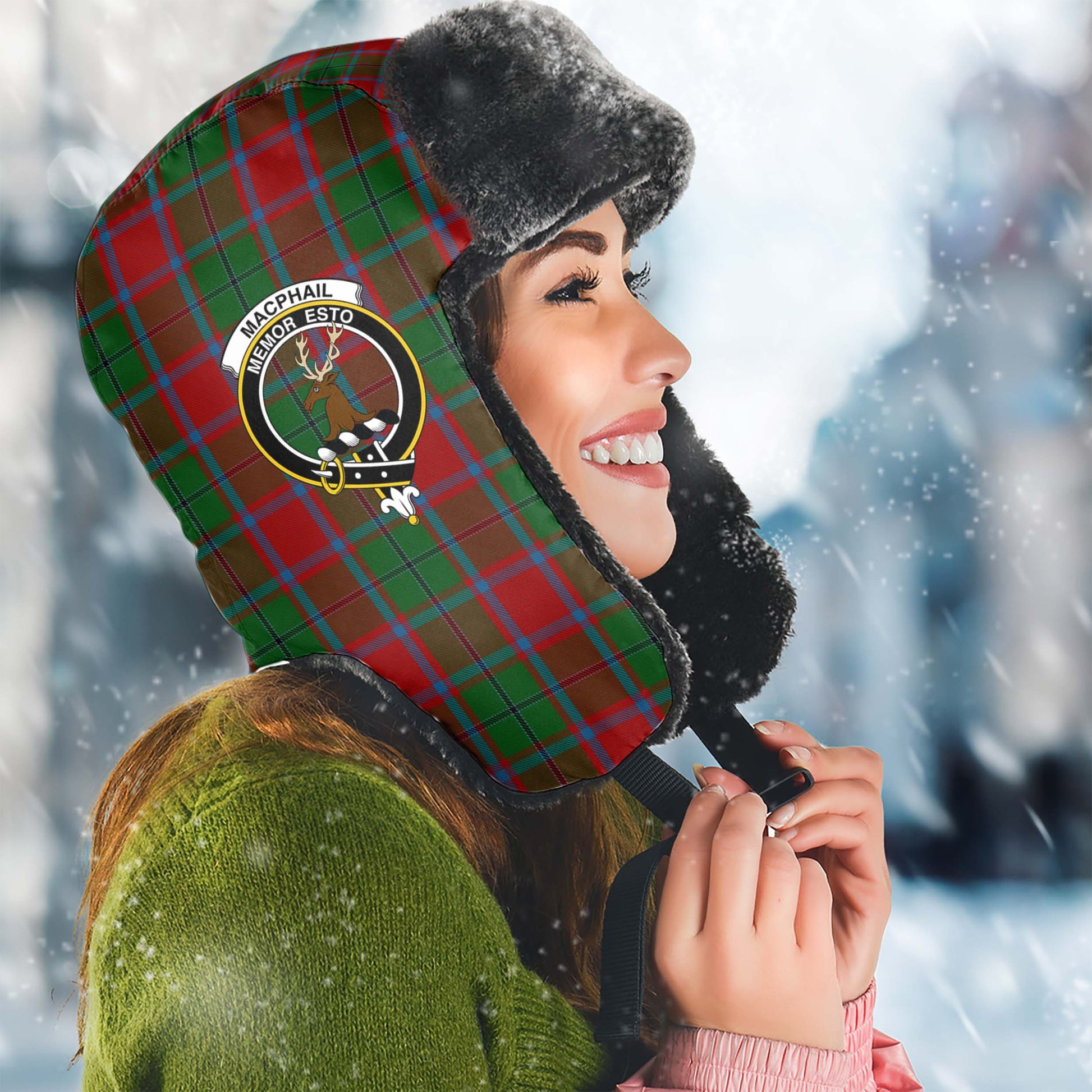 MacPhail Blue Bands Tartan Winter Trapper Hat with Family Crest Winter Trapper Hat Universal Fit Circumference 22.8in (58cm) - Tartanvibesclothing