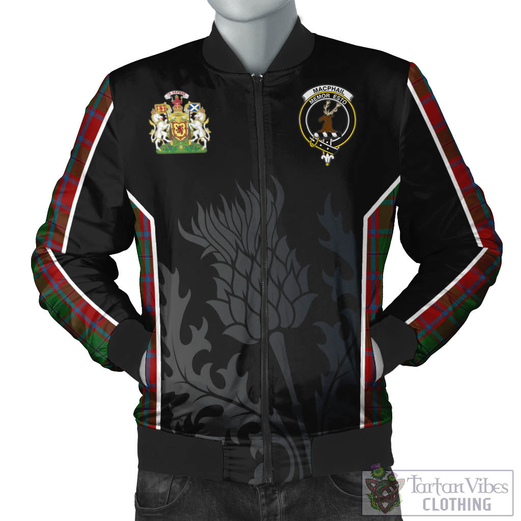 Tartan Vibes Clothing MacPhail Blue Bands Tartan Bomber Jacket with Family Crest and Scottish Thistle Vibes Sport Style