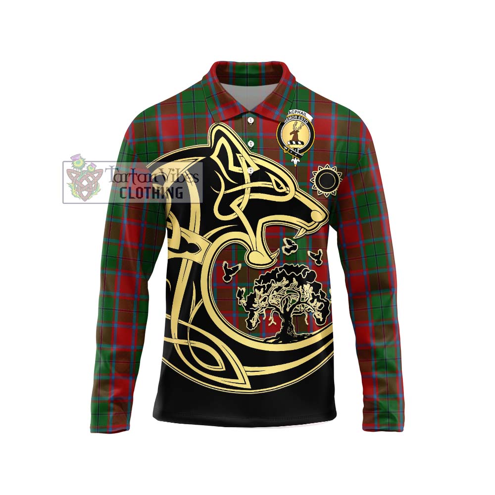 MacPhail Blue Bands Tartan Long Sleeve Polo Shirt with Family Crest Celtic Wolf Style Unisex - Tartanvibesclothing Shop