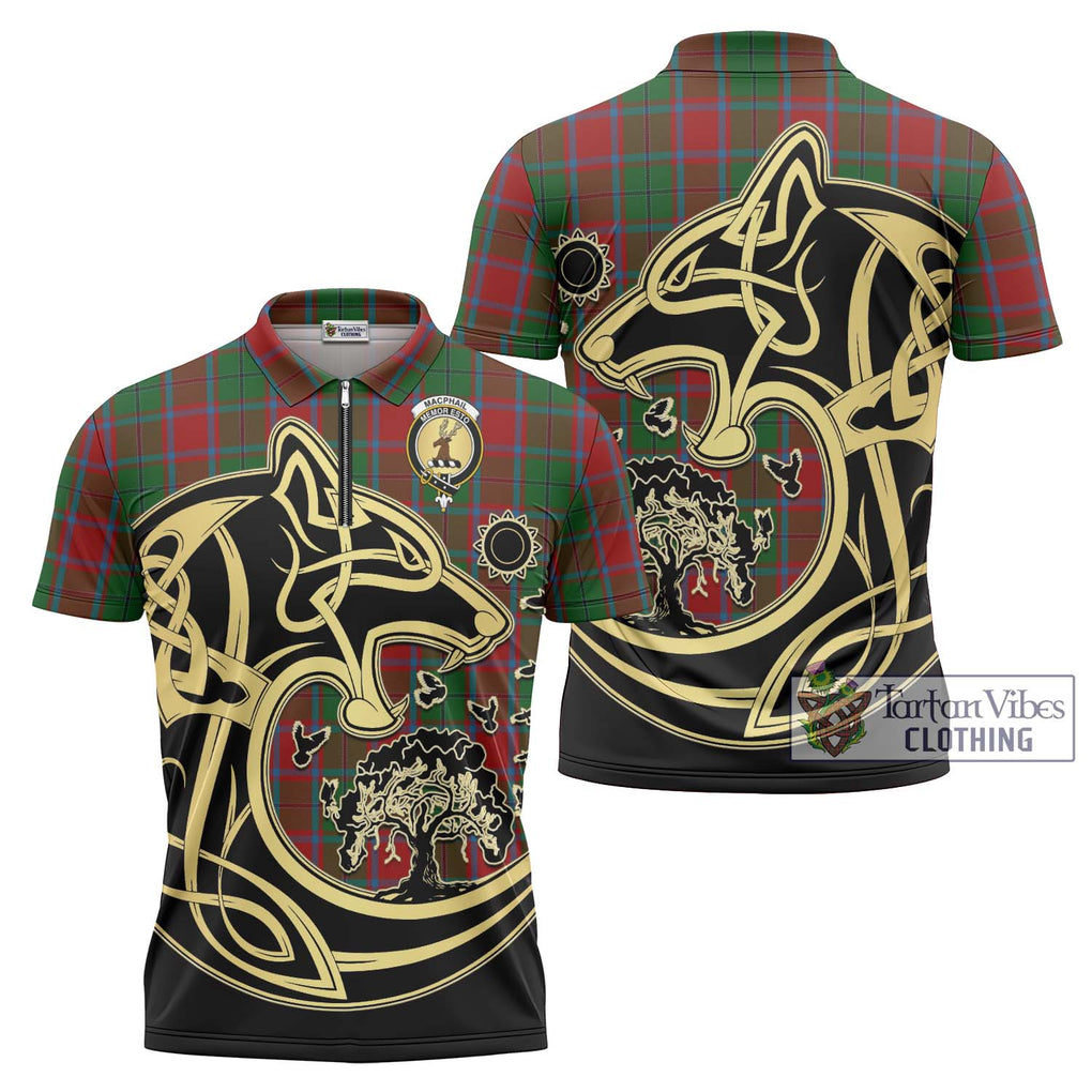 MacPhail Blue Bands Tartan Zipper Polo Shirt with Family Crest Celtic Wolf Style Unisex - Tartanvibesclothing Shop