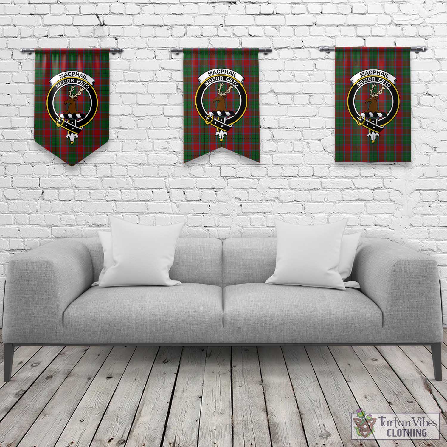 Tartan Vibes Clothing MacPhail Blue Bands Tartan Gonfalon, Tartan Banner with Family Crest