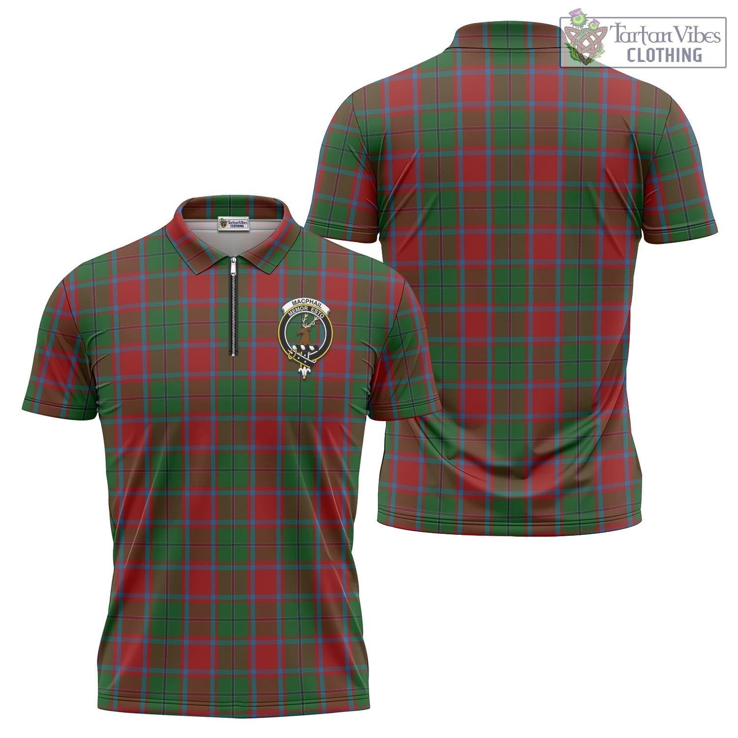 Tartan Vibes Clothing MacPhail Blue Bands Tartan Zipper Polo Shirt with Family Crest