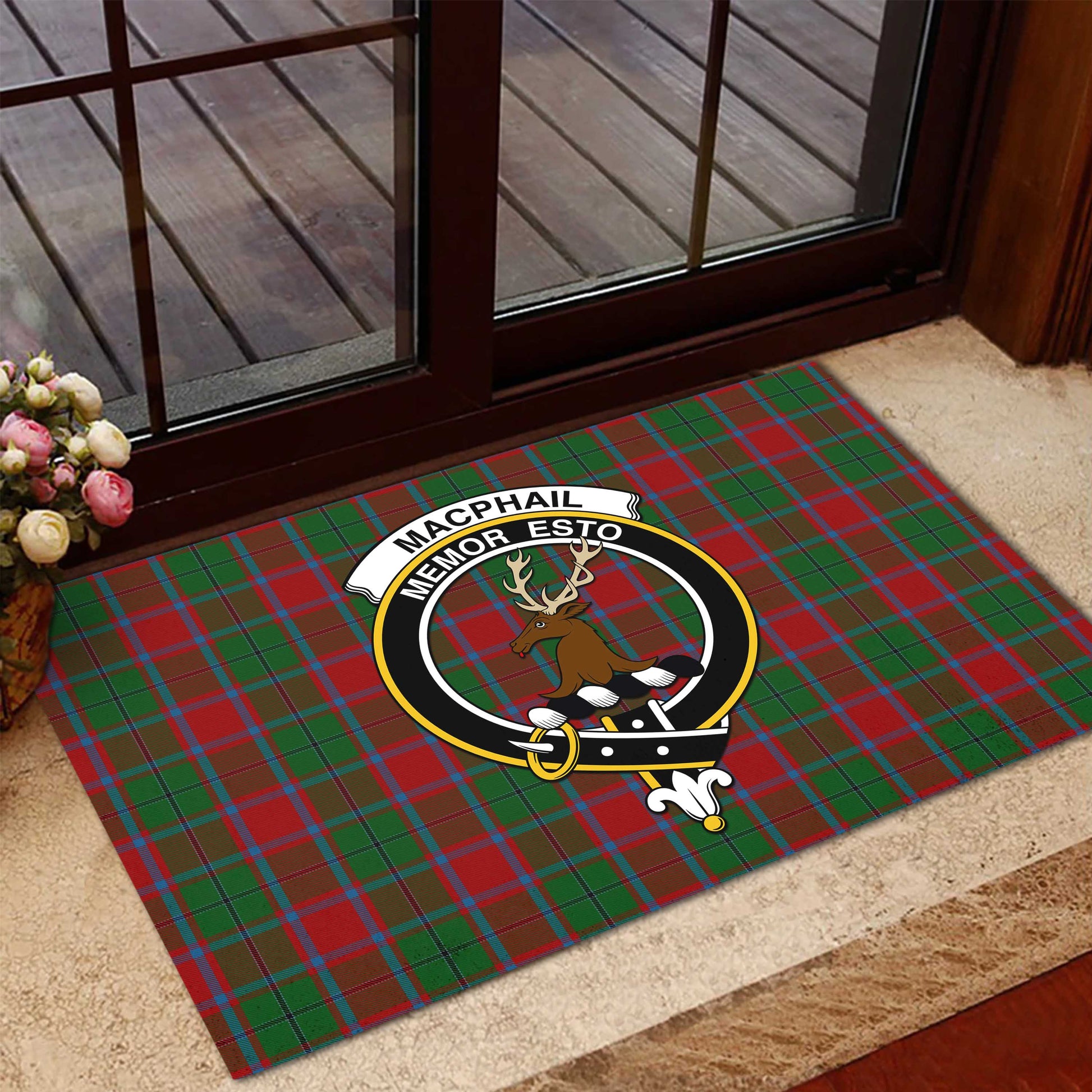 MacPhail Blue Bands Tartan Door Mat with Family Crest - Tartanvibesclothing