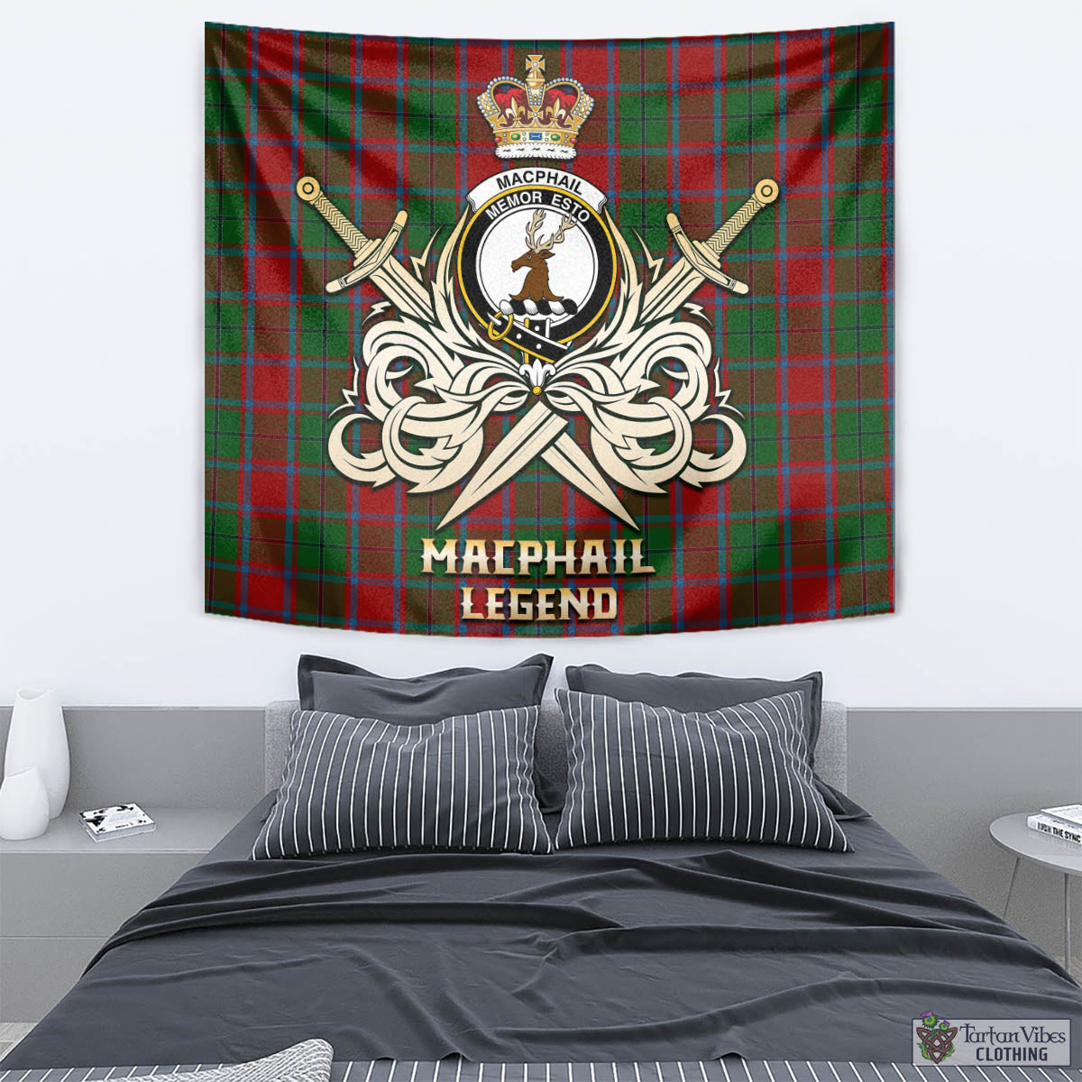 Tartan Vibes Clothing MacPhail Blue Bands Tartan Tapestry with Clan Crest and the Golden Sword of Courageous Legacy