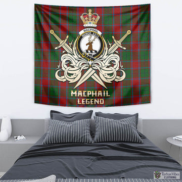 MacPhail Blue Bands Tartan Tapestry with Clan Crest and the Golden Sword of Courageous Legacy