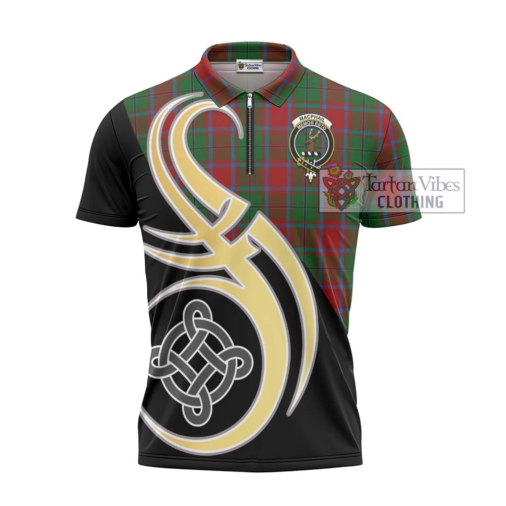 Tartan Vibes Clothing MacPhail Blue Bands Tartan Zipper Polo Shirt with Family Crest and Celtic Symbol Style