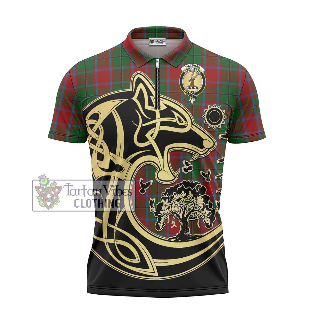 MacPhail Blue Bands Tartan Zipper Polo Shirt with Family Crest Celtic Wolf Style - Tartanvibesclothing Shop