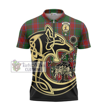 MacPhail Blue Bands Tartan Zipper Polo Shirt with Family Crest Celtic Wolf Style